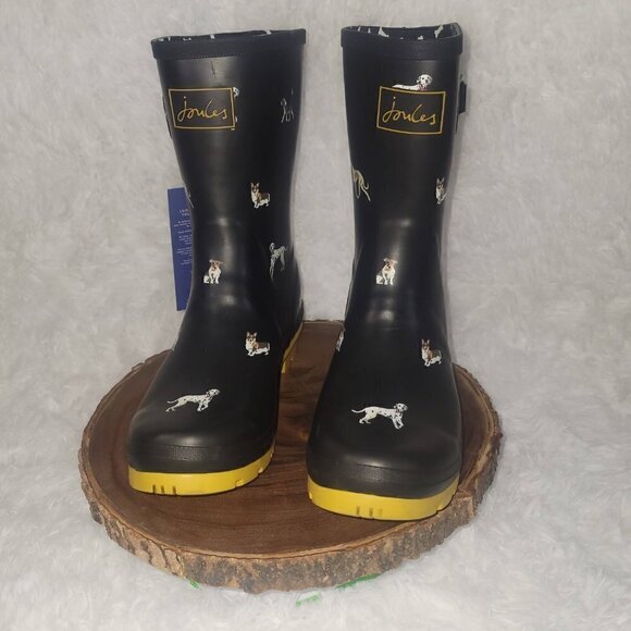 NWOB Joules Women's Molly Welly Boot Black Size 11 Dog Pattern - Picture 2 of 10